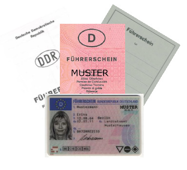 Hier sind verschiedene deutsche Führerscheine zu sehen. Einer aus der DDR, zwei weitere Papierführerscheine und ein neuer Führerschein.